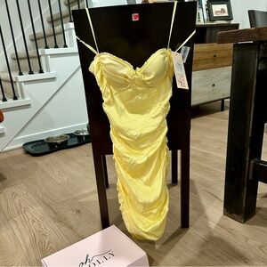 Oh Polly Lemon Yellow Ruched Slip Dress with Spaghetti Straps